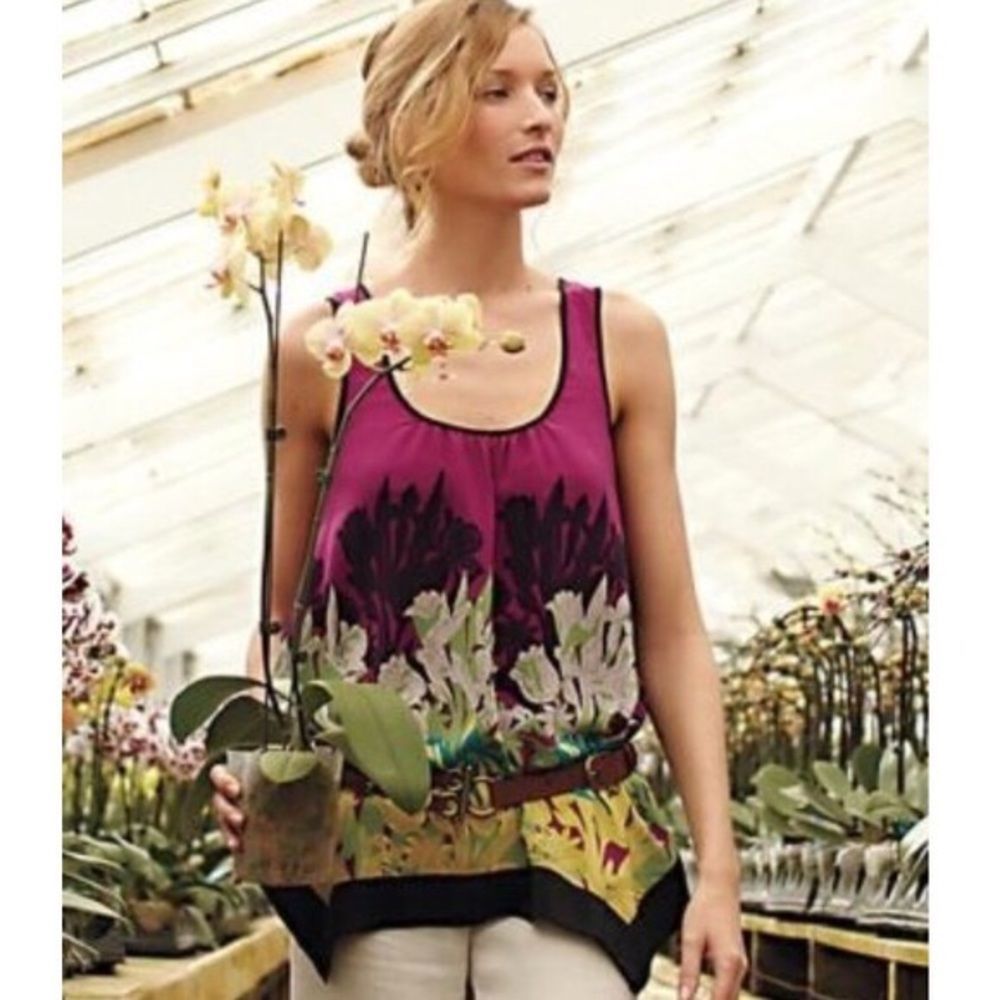Anthro Odille Stamped Tulips 100% Silk Tank Blouse